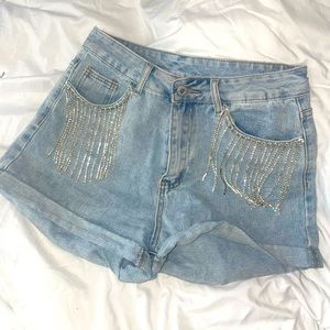 Rhinestone pocket denim shorts